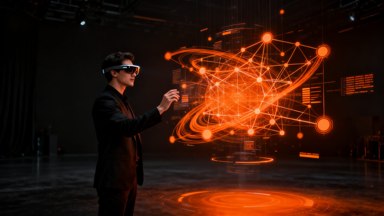 Emprendedor utilizando gafas de realidad aumentada avanzada con interfaz holográfica, representando el impacto del chip Snapdragon Reality Elite en XR.