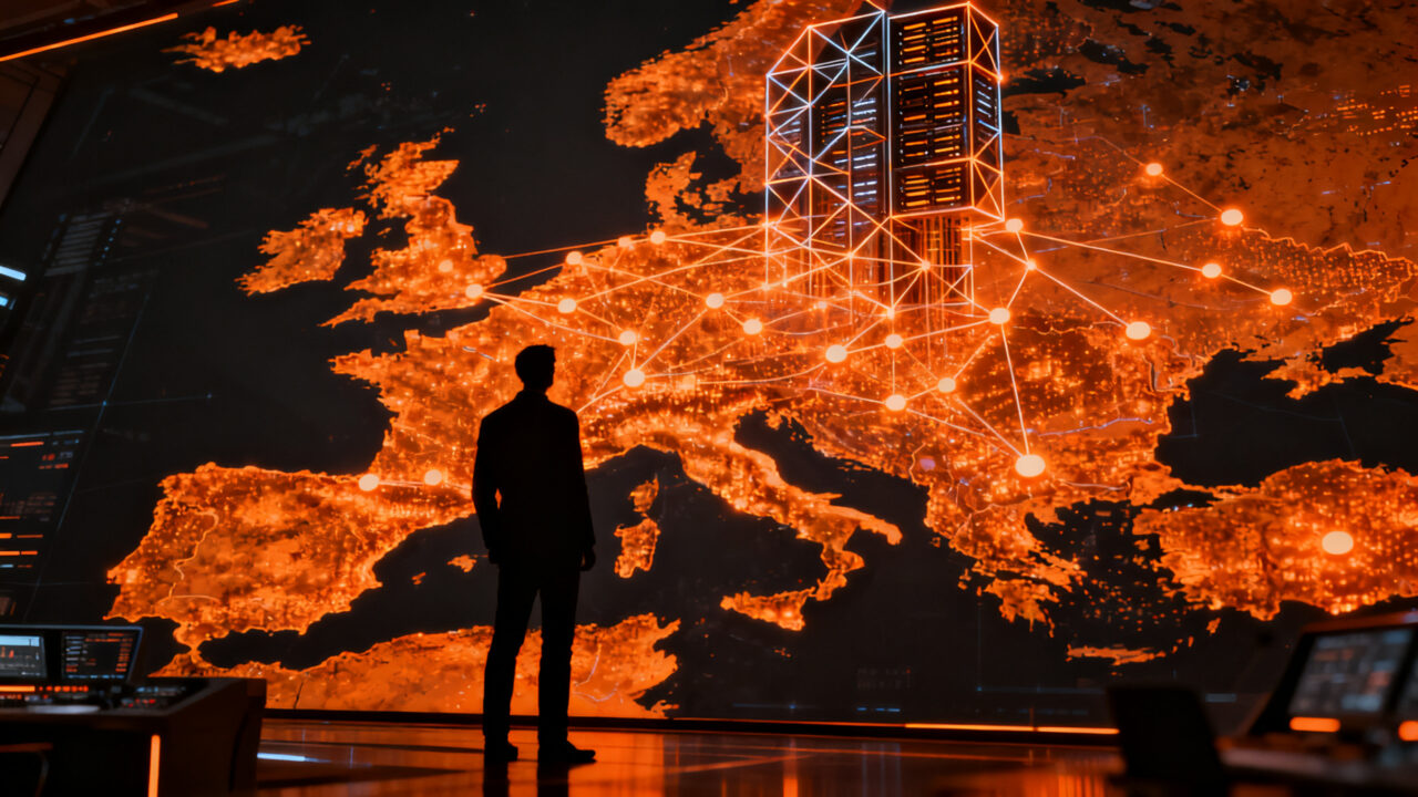 Soberanía digital en Europa: un profesional analizando mapas de nodos de infraestructura tecnológica para reducir la dependencia extranjera.
