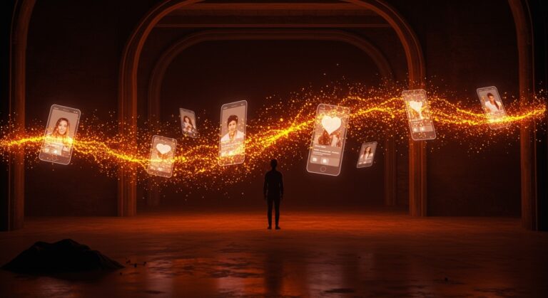 Representación conceptual de la Generación Z y el fenómeno solo-maxxing, mostrando la transición de apps de citas tradicionales hacia nuevas formas de conexión social.