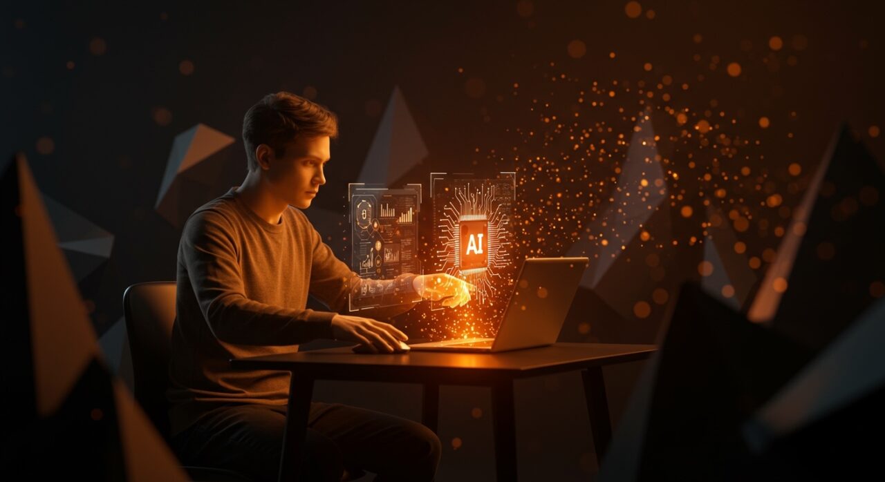 Solopreneur utilizando inteligencia artificial para escalar su modelo de negocio startup de manera automatizada.