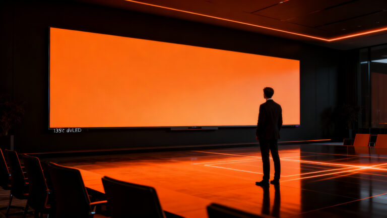 Ejecutivo observando una pantalla dvLED de 135 pulgadas de Sony en un boardroom moderno, representando la infraestructura tecnológica para startups en 2026.