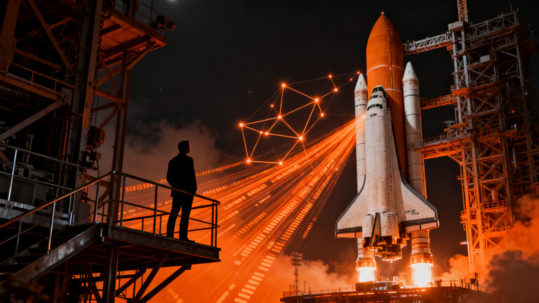 Emprendedor observando el lanzamiento de un cohete futurista, simbolizando la valoracion y escalabilidad de SpaceX en el mercado DeepTech.
