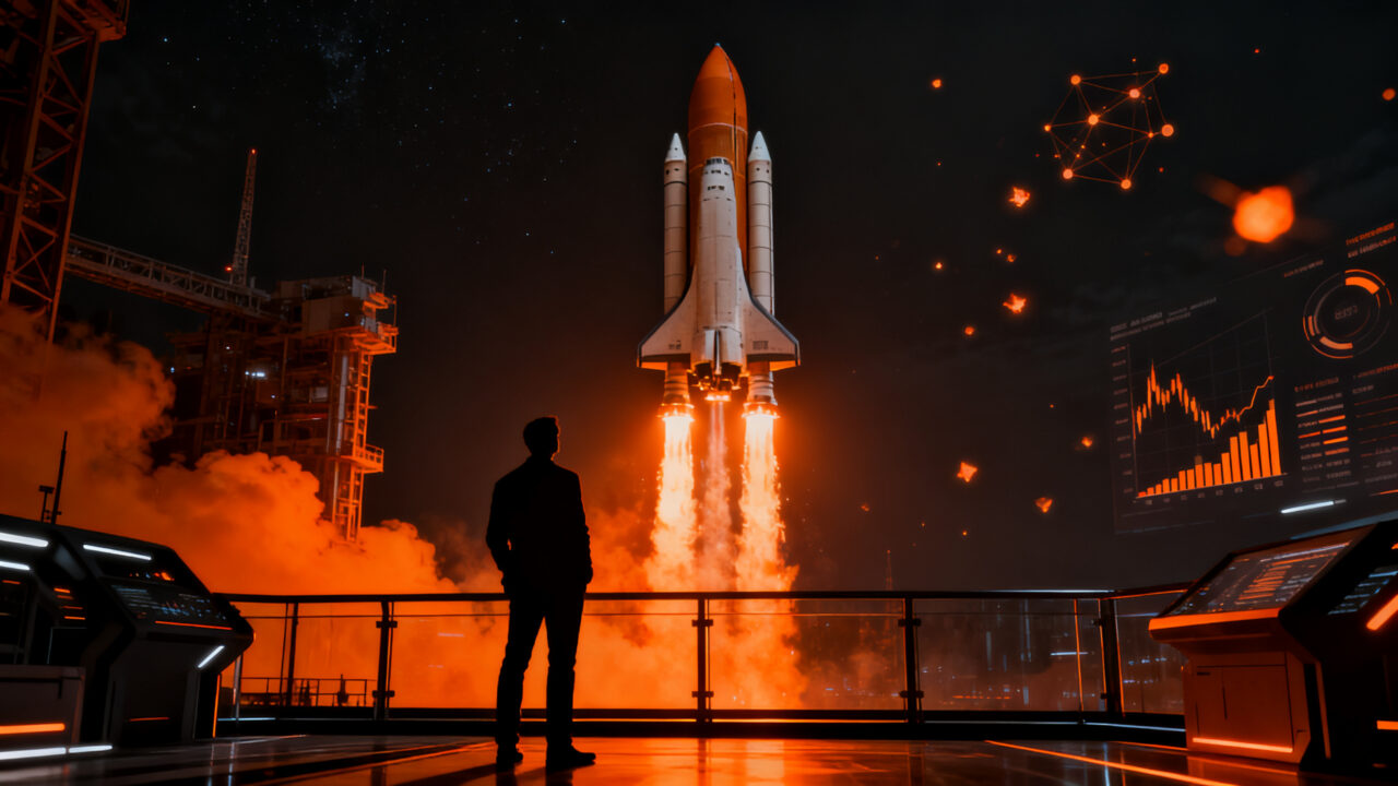 Emprendedor observando el lanzamiento de un cohete SpaceX, simbolizando la valoración de mercado y el impacto de la IPO en startups tecnológicas.