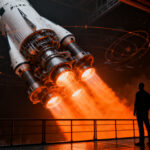 Emprendedor observando el cohete SpaceX despegando hacia el espacio, simbolizando la inversión institucional en deep tech.