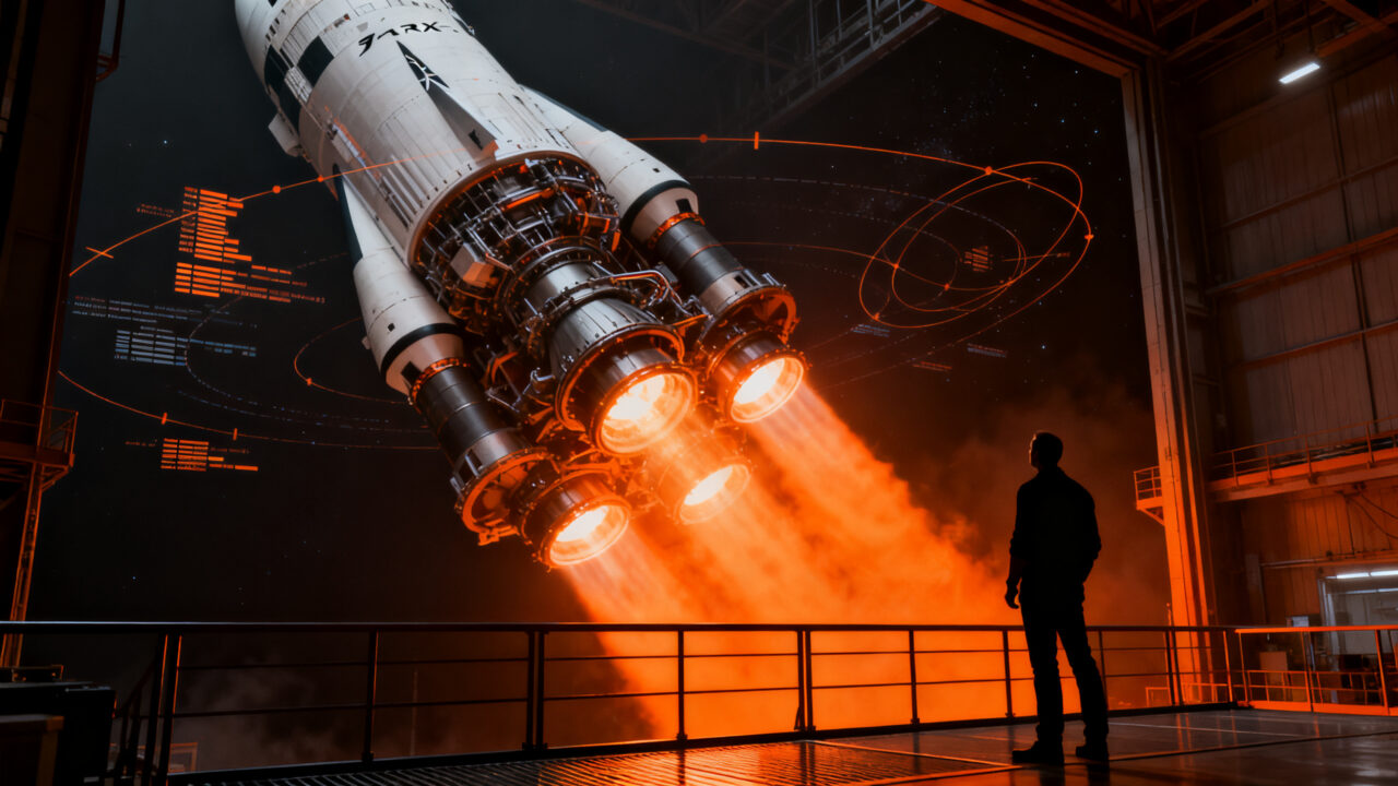 Emprendedor observando el cohete SpaceX despegando hacia el espacio, simbolizando la inversión institucional en deep tech.