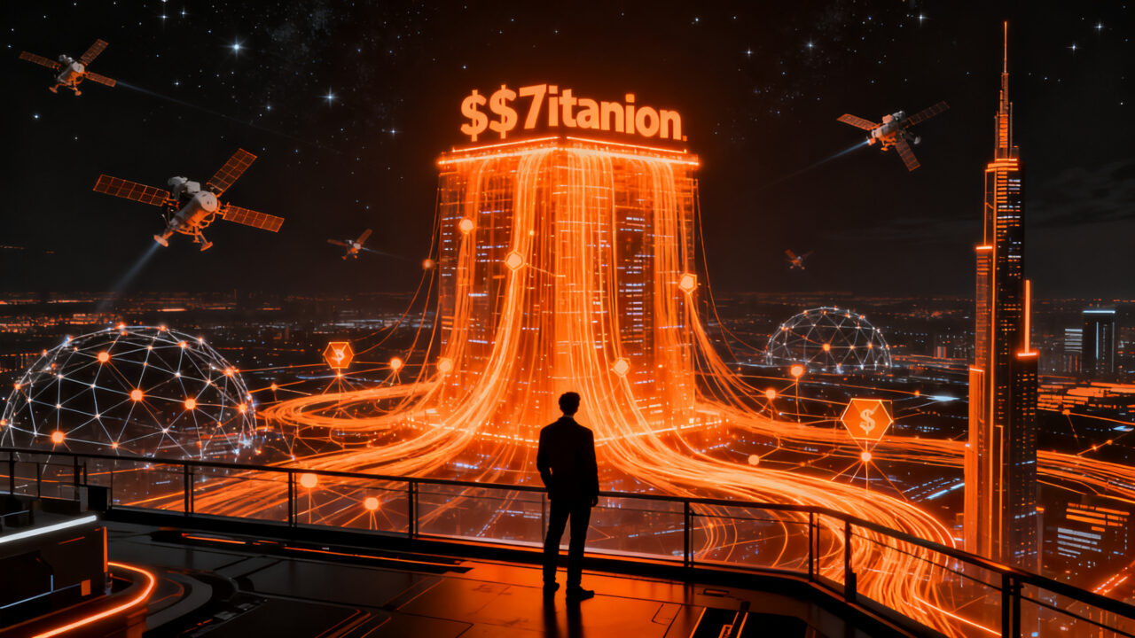 Representación visual del IPO de SpaceX, mostrando una silueta visionaria ante una infraestructura tecnológica global masiva, simbolizando la disrupción corporativa.