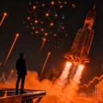 Silueta de un emprendedor mirando un cohete despegando hacia una red de datos global, representando la salida a bolsa de SpaceX y el futuro del capital riesgo.