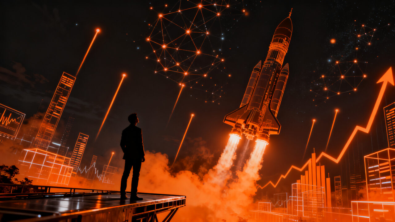 Silueta de un emprendedor mirando un cohete despegando hacia una red de datos global, representando la salida a bolsa de SpaceX y el futuro del capital riesgo.