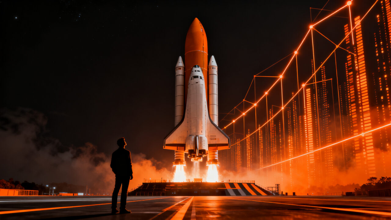 Silueta de un emprendedor observando un cohete espacial despegando, simbolizando la valoración de SpaceX y el futuro de las startups deep tech.