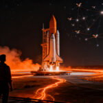 Representación visual de la salida a bolsa de SpaceX con cohetes reutilizables y redes Starlink, simbolizando la valoración récord y la eficiencia operativa en el sector deeptech.