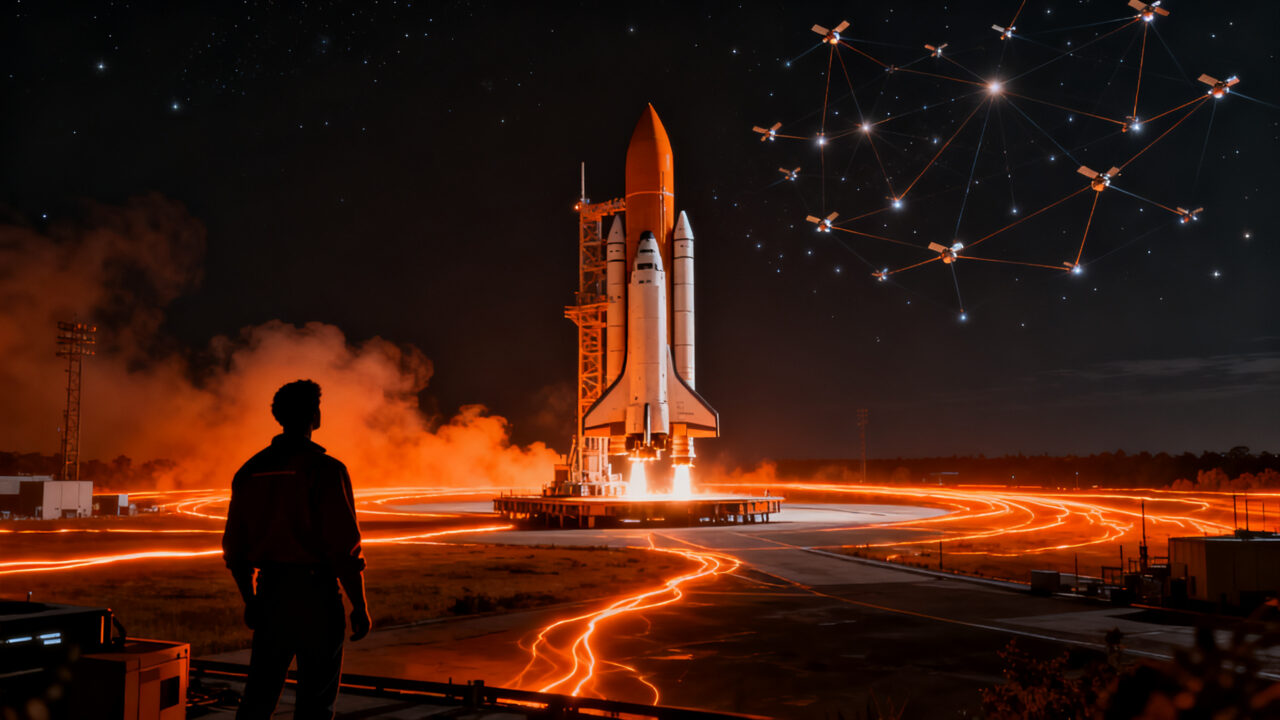 Representación visual de la salida a bolsa de SpaceX con cohetes reutilizables y redes Starlink, simbolizando la valoración récord y la eficiencia operativa en el sector deeptech.