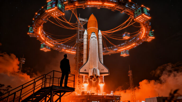 Silueta de astronauta frente a una megaestructura de Starship, simbolizando la IPO de SpaceX y el impacto del hard-tech en el mercado.