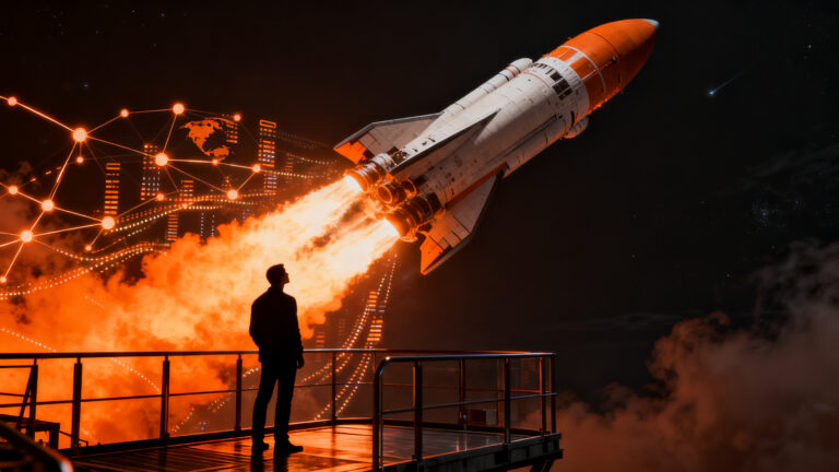 Silueta de un emprendedor observando un cohete espacial despegando, simbolizando la histórica IPO de SpaceX y el éxito en el mercado tecnológico.