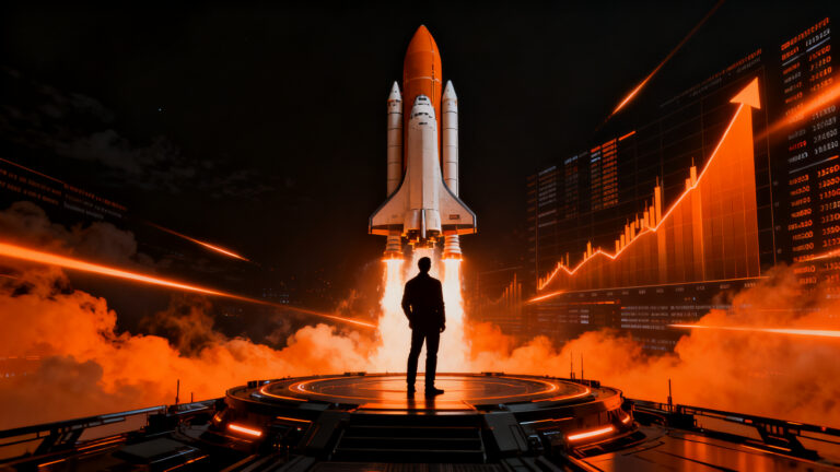 Salida a bolsa de SpaceX en Nasdaq, representando el éxito de una startup tecnológica y el impacto en los mercados de capitales.