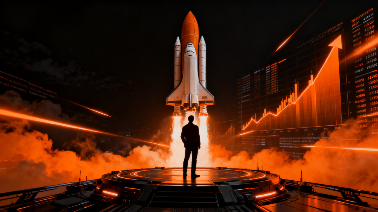 Salida a bolsa de SpaceX en Nasdaq, representando el éxito de una startup tecnológica y el impacto en los mercados de capitales.