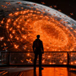Ingeniero aeroespacial observando una vasta constelación de satélites Starlink en órbita, representando la hegemonía de SpaceX y las oportunidades para startups deeptech.