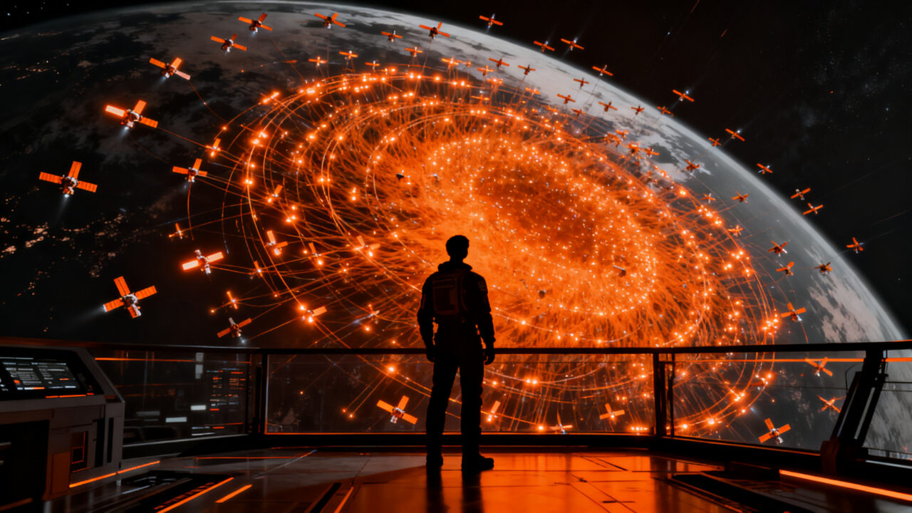 Ingeniero aeroespacial observando una vasta constelación de satélites Starlink en órbita, representando la hegemonía de SpaceX y las oportunidades para startups deeptech.