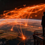 Concepto de conectividad satelital de SpaceX Starlink compitiendo en el mercado de telefonía móvil global.