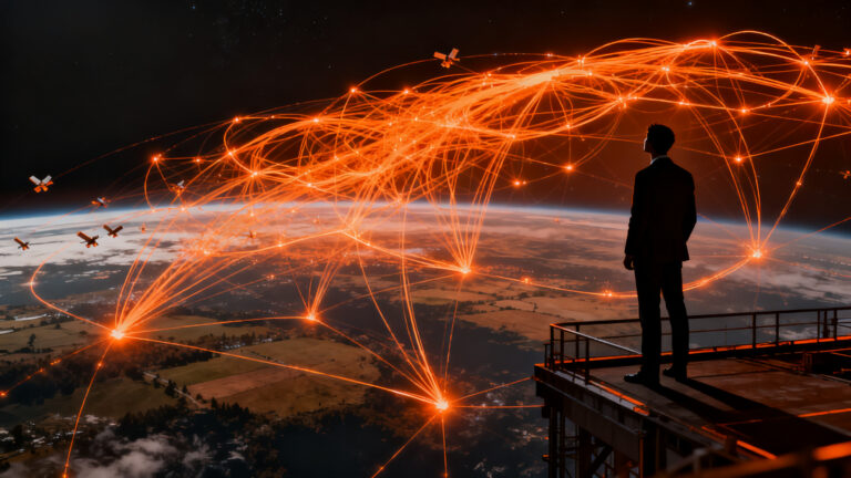 Concepto de conectividad satelital de SpaceX Starlink compitiendo en el mercado de telefonía móvil global.