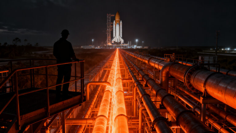 Infraestructura estratégica de SpaceX con el gasoducto Starpipe para alimentar Starship, simbolizando integración vertical y eficiencia operativa.