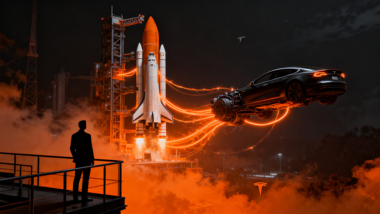 Fusión estratégica entre SpaceX y Tesla, simbolizando el futuro de la exploración espacial y la movilidad eléctrica en los mercados financieros.