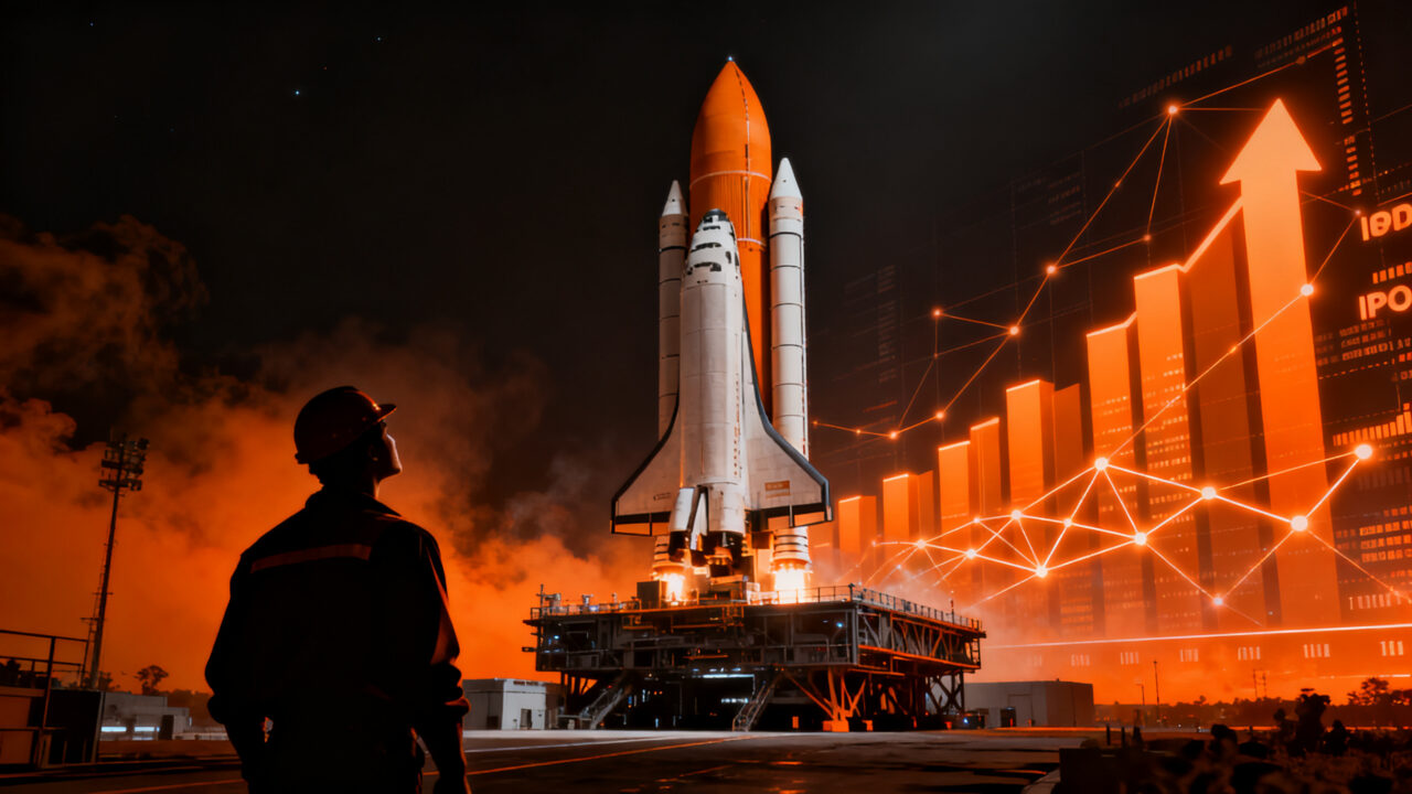El cohete SpaceX despegando simbolizando el crecimiento de valoración bursátil y el impacto del deep tech en el mercado.