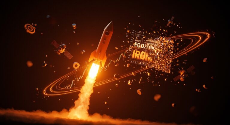 Representación visual de la valoración de SpaceX y Starlink con elementos orbitales en naranja y negro, simbolizando el análisis de mercado y el camino hacia la IPO.