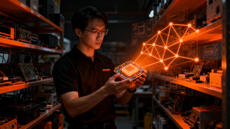 Ingeniero analizando prototipo de radar mmWave con datos de mercado, validación de hardware startup.