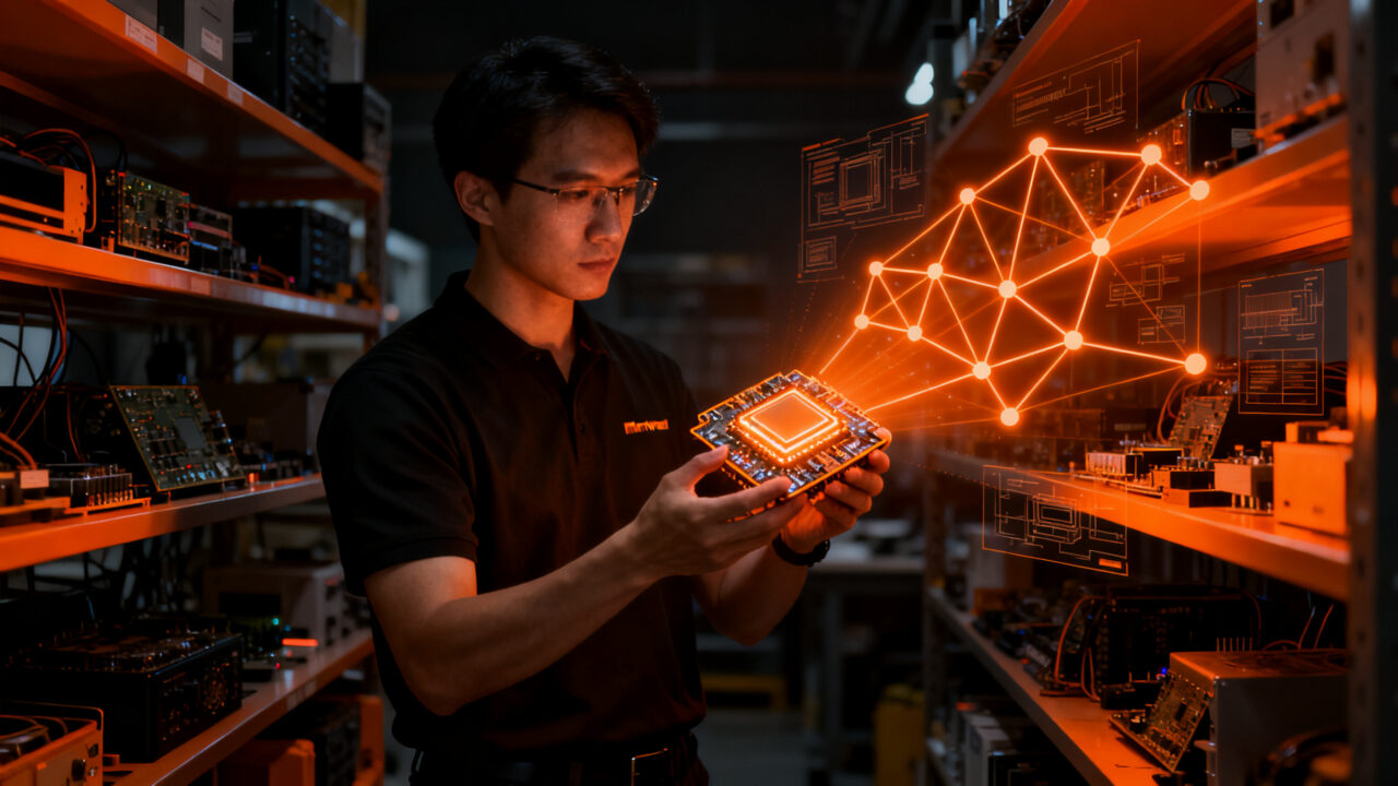 Ingeniero analizando prototipo de radar mmWave con datos de mercado, validación de hardware startup.