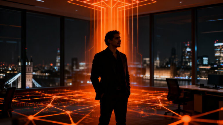 Fundador de startup uruguaya celebrando ronda de inversión de 12 millones de dólares en Londres para tecnología de inteligencia artificial.