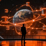 Un emprendedor observando un centro de datos satelital en órbita, representando el desafío de los seguros para la infraestructura de IA espacial.