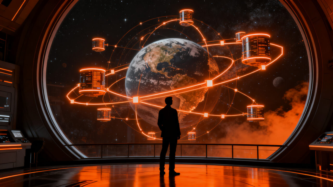 Un emprendedor observando un centro de datos satelital en órbita, representando el desafío de los seguros para la infraestructura de IA espacial.