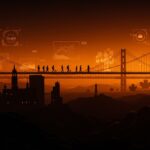 Startups españolas expandiéndose hacia San Francisco y Canadá, simbolizando la internacionalización y el crecimiento tecnológico.