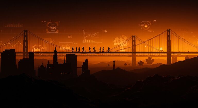 Startups españolas expandiéndose hacia San Francisco y Canadá, simbolizando la internacionalización y el crecimiento tecnológico.