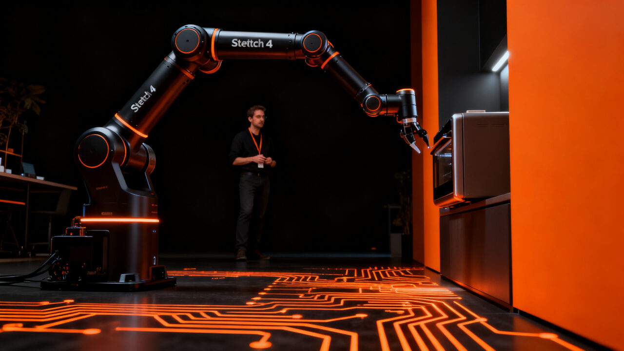 Robot asistente doméstico Stretch 4 interactuando con un entorno de hogar moderno, simbolizando la utilidad de la robótica aplicada.