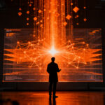 Estructura de inteligencia artificial eficiente y escalable, representada por redes neuronales y siluetas profesionales en un entorno tecnológico de alto impacto.