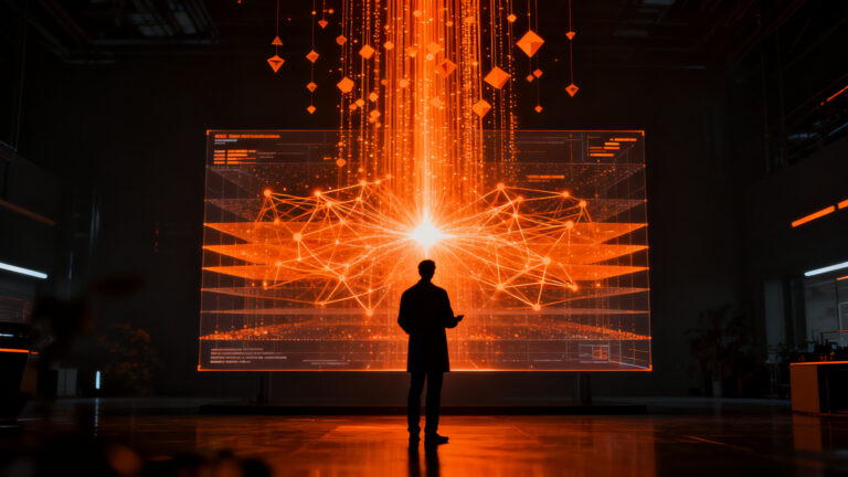 Estructura de inteligencia artificial eficiente y escalable, representada por redes neuronales y siluetas profesionales en un entorno tecnológico de alto impacto.