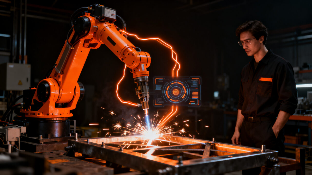 Robótica colaborativa y soldadura automatizada en la industria 4.0 con tecnología avanzada.