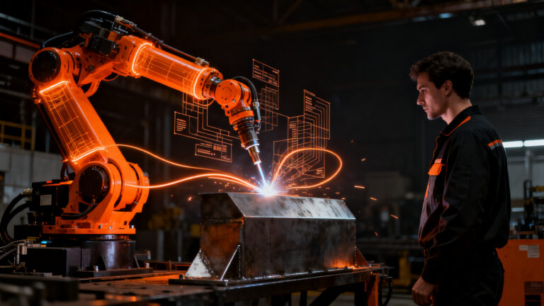 Ingeniero industrial supervisando brazo robótico colaborativo en una fábrica metalúrgica moderna, automatización eficiente para PYMEs.