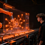 Estudiante de ingeniería interactuando con una interfaz holográfica de automatización industrial, representando la formación en IA en México.