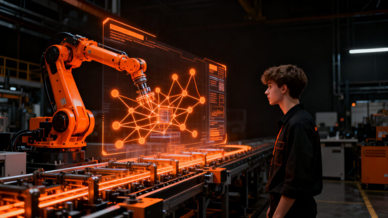 Estudiante de ingeniería interactuando con una interfaz holográfica de automatización industrial, representando la formación en IA en México.