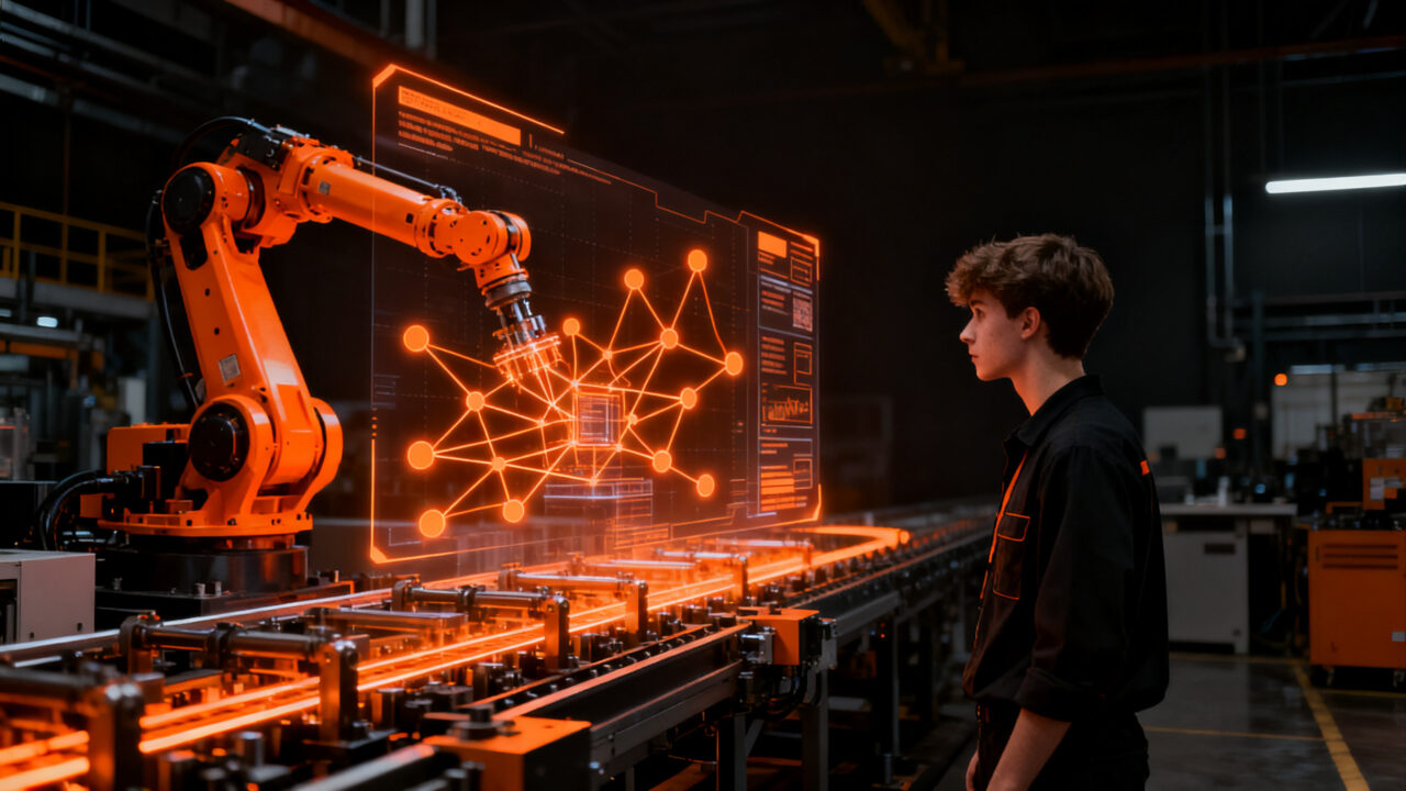 Estudiante de ingeniería interactuando con una interfaz holográfica de automatización industrial, representando la formación en IA en México.