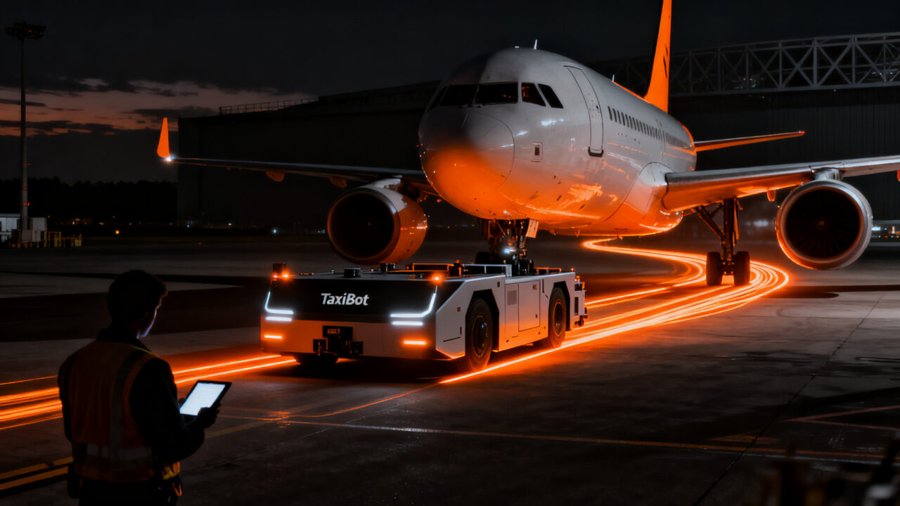 TaxiBot eléctrico en el aeropuerto de Schiphol, innovando en sostenibilidad aérea con tecnología deeptech.