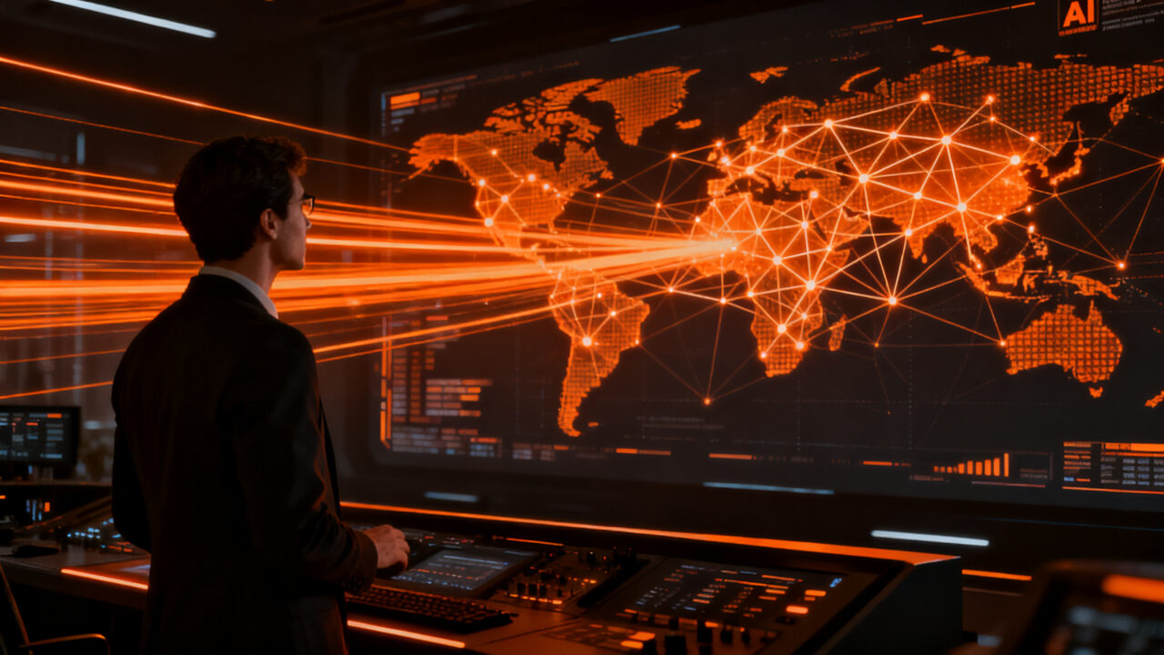Ejecutivo analizando redes de datos automatizadas con IA, representando la transformación digital y eficiencia operativa en startups.