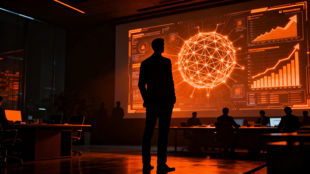 CEO analizando una pantalla de datos de IA frente a un equipo, representando la estrategia de inversión en tecnología y gestión de talento.