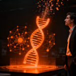 Un emprendedor biotecnológico analizando estructuras de ADN digital, representando la inversión en longevidad e IA en el sector startup de LATAM.