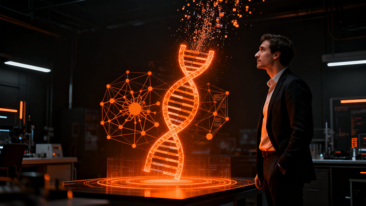 Un emprendedor biotecnológico analizando estructuras de ADN digital, representando la inversión en longevidad e IA en el sector startup de LATAM.