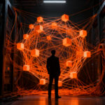 Ejecutivo de tecnología analizando un complejo laberinto de cables digitales y servidores, representando los riesgos del vendor lock-in en infraestructuras corporativas.