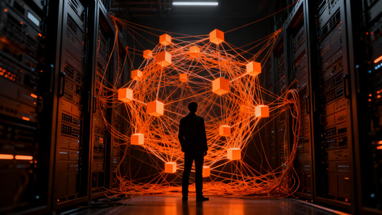 Ejecutivo de tecnología analizando un complejo laberinto de cables digitales y servidores, representando los riesgos del vendor lock-in en infraestructuras corporativas.