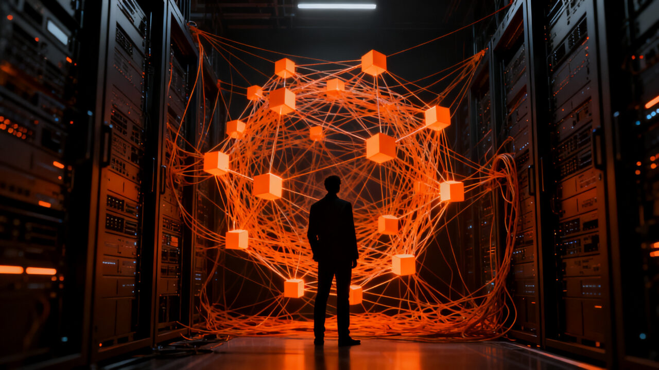 Ejecutivo de tecnología analizando un complejo laberinto de cables digitales y servidores, representando los riesgos del vendor lock-in en infraestructuras corporativas.